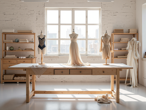 现代化的研发实验室中,科研人员正在测量人体模型数据,墙上挂着各种内衣设计图纸,桌上摆放着测量工具,专业严谨的工作环境